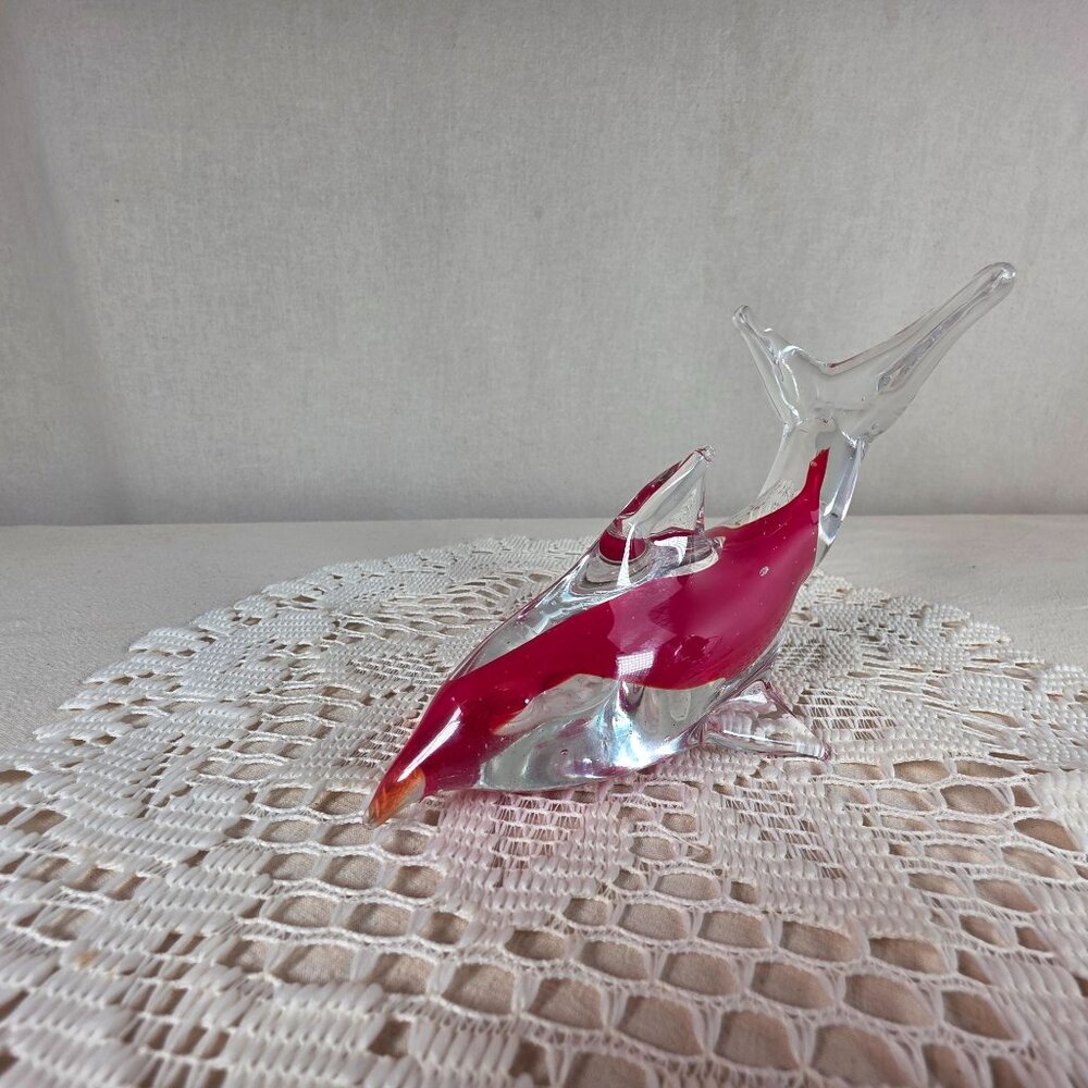 Handcrafted Clear & Red Glass Dolphin Figurine